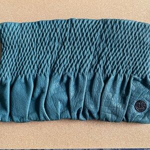 Vintage Elk Teal Leather Woven Clutch Purse - Soft Ruched Leather - 11 inches